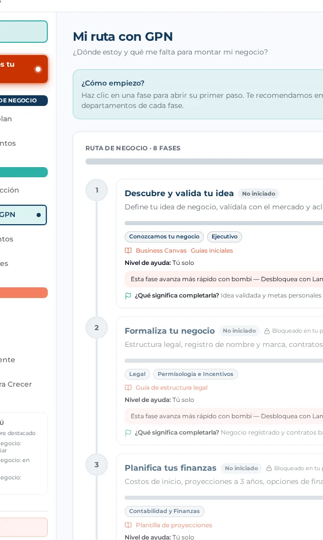 Ruta de negocio real de la plataforma con datos de ejemplo